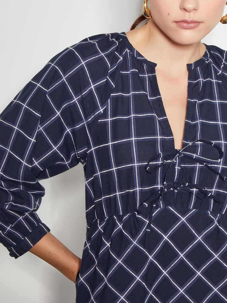Monsoon Blue Frankie Tie Front Check Print Midi Dress - Image 6 of 7