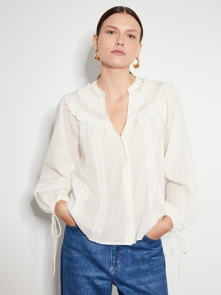 Monsoon Natural Nyla Scallop Lace 100% Cotton Blouse - Image 1 of 5