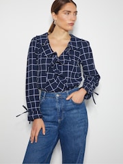 Monsoon Blue Frankie Check Print Ruffle Blouse - Image 1 of 5