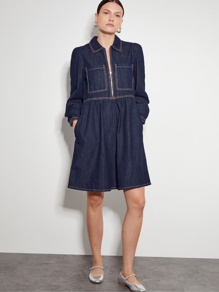 Monsoon Blue Adeena Denim Mini 100% Cotton Shirt Dress - Image 1 of 5