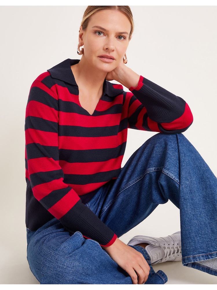 Rot - Monsoon – Shay – gestreifter Pullover mit Kragen - Bild 1 von 5