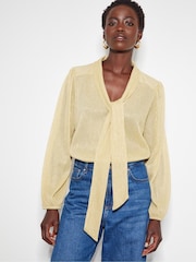 Monsoon Gold Pree Sparkle Plisse Pussybow Blouse - Image 1 of 5