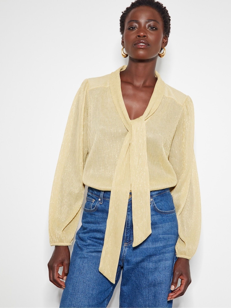 Monsoon Gold Pree Sparkle Plisse Pussybow Blouse - Image 1 of 5