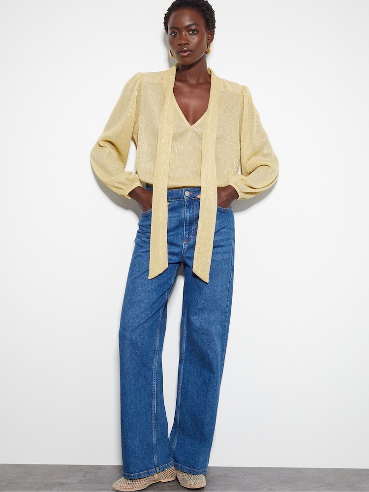 Monsoon Gold Pree Sparkle Plisse Pussybow Blouse - Image 2 of 5