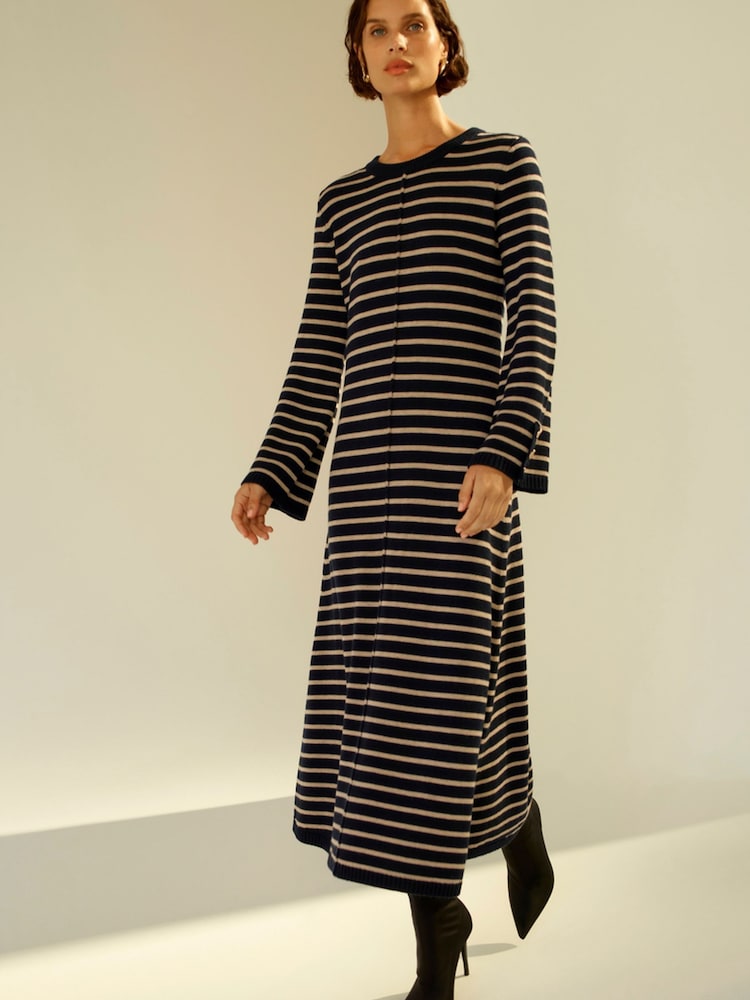 Monsoon Blue Shaw Stripe Midi Jumper Dress - Image 2 of 7
