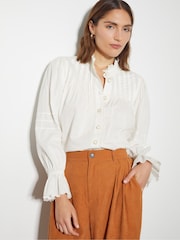 Monsoon White Rose Long Sleeve 100% Cotton Frill Pleat Shirt - Image 1 of 5