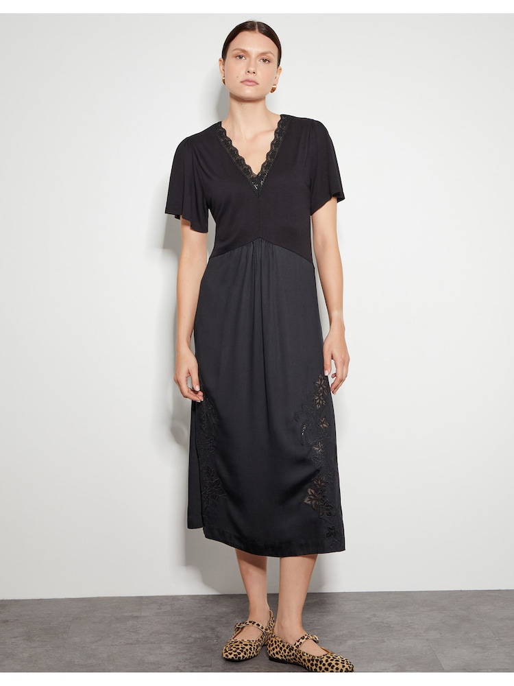 Monsoon Black Wren Lacy Jersey Mix Midi Dress - Image 1 of 6