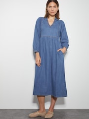 Monsoon Blue Wilma Long Sleeve 100% Cotton Denim Midi Dress - Image 1 of 5