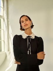 Monsoon Black Polly Lace Collar Ponte Mini Dress - Image 3 of 8