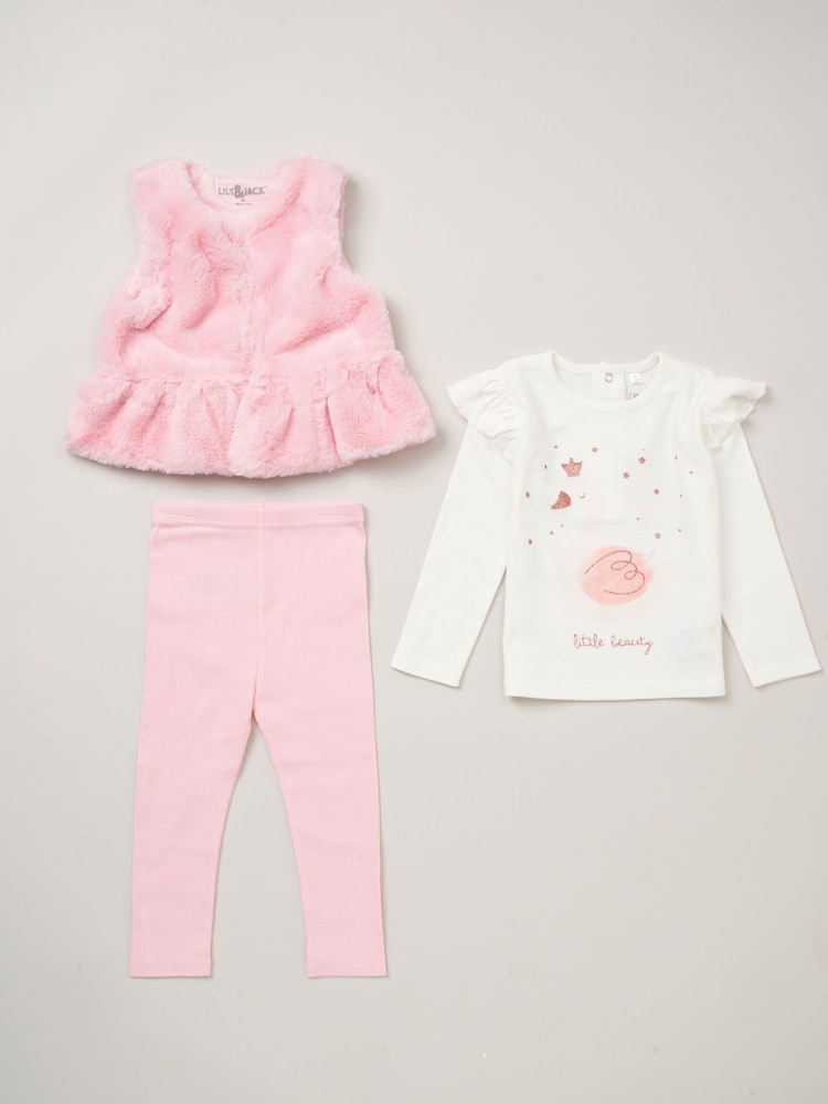 Lily & Jack Faux Fur Gilet 100% Cotton Top and Leggings Outfit Set - Image 1 of 6