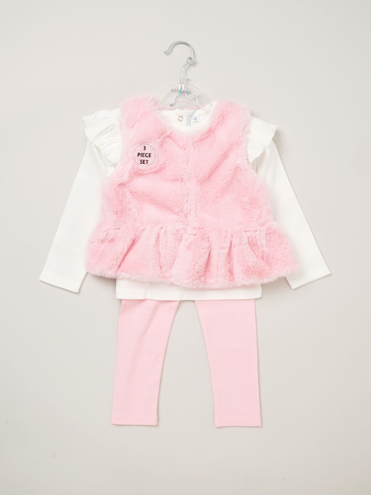 Lily & Jack Faux Fur Gilet 100% Cotton Top and Leggings Outfit Set - Image 2 of 6