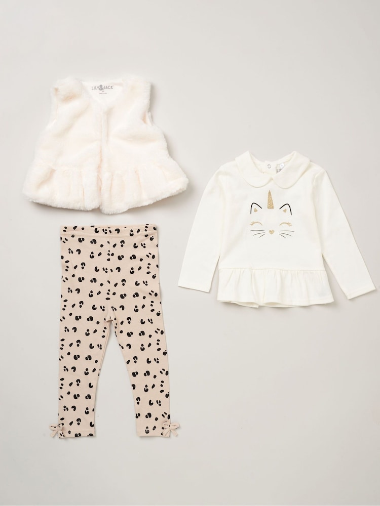Lily & Jack Faux Fur Gilet 100% Cotton Top and Leggings Outfit Set - Image 1 of 6
