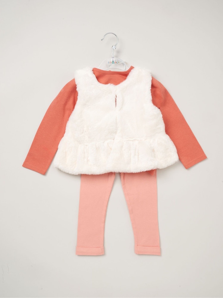 Lily & Jack Faux Fur Gilet 100% Cotton Top and Leggings Outfit Set - Image 2 of 6