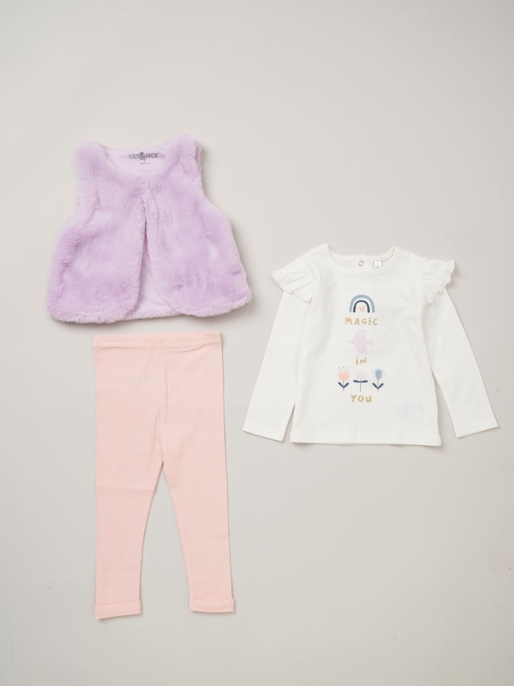 Lily & Jack Faux Fur Gilet 100% Cotton Top and Leggings Outfit Set - Image 1 of 6