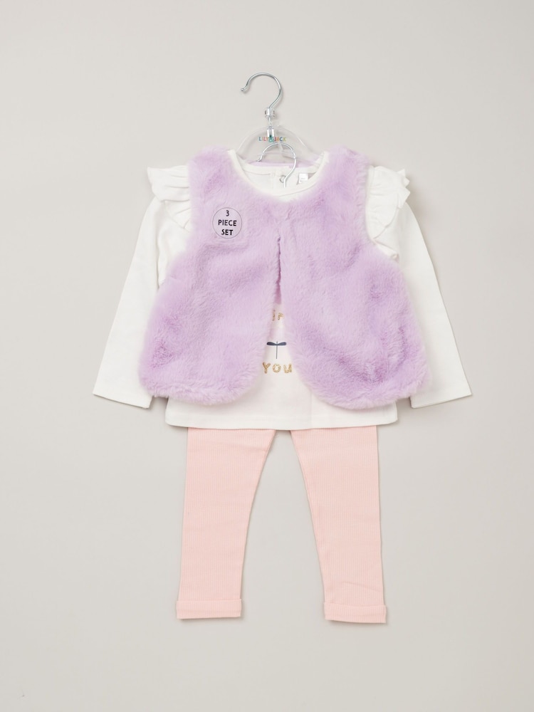 Lily & Jack Faux Fur Gilet 100% Cotton Top and Leggings Outfit Set - Image 2 of 6