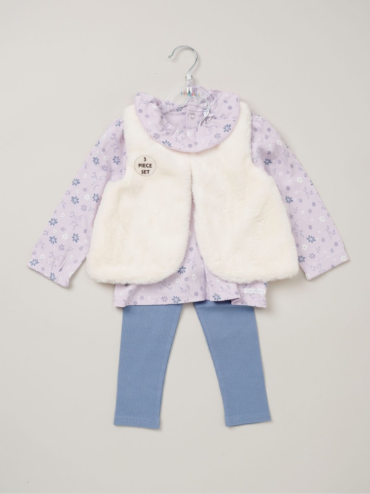 Lily & Jack Faux Fur Gilet 100% Cotton Top and Leggings Outfit Set - Image 2 of 6