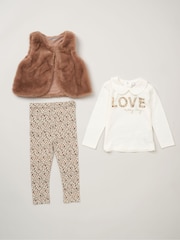 Lily & Jack Faux Fur Gilet 100% Cotton Top and Leggings Outfit Set - Image 1 of 6