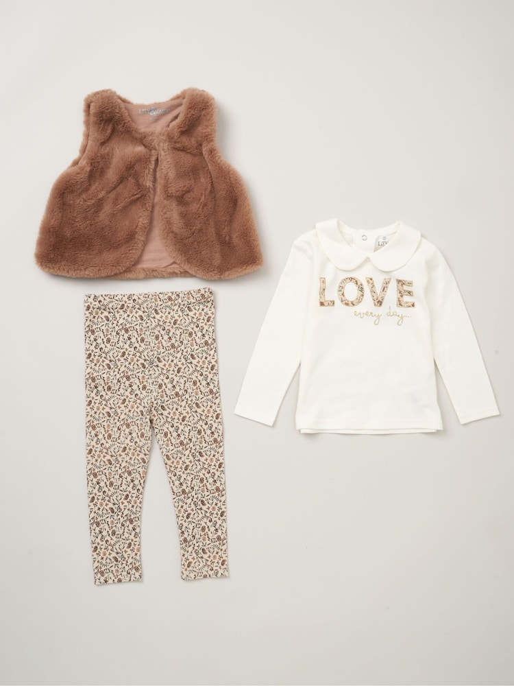 Lily & Jack Faux Fur Gilet 100% Cotton Top and Leggings Outfit Set - Image 1 of 6