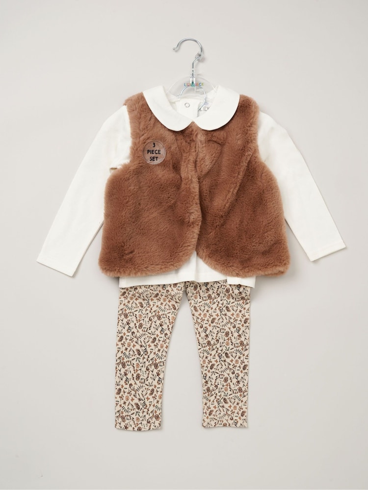 Lily & Jack Faux Fur Gilet 100% Cotton Top and Leggings Outfit Set - Image 2 of 6