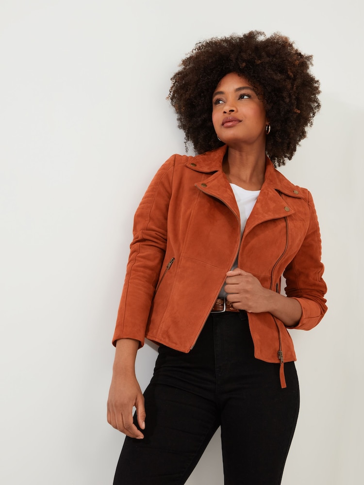 Joe Browns Orange Asymmetric Suede Leather Biker Jacket - Image 1 of 5