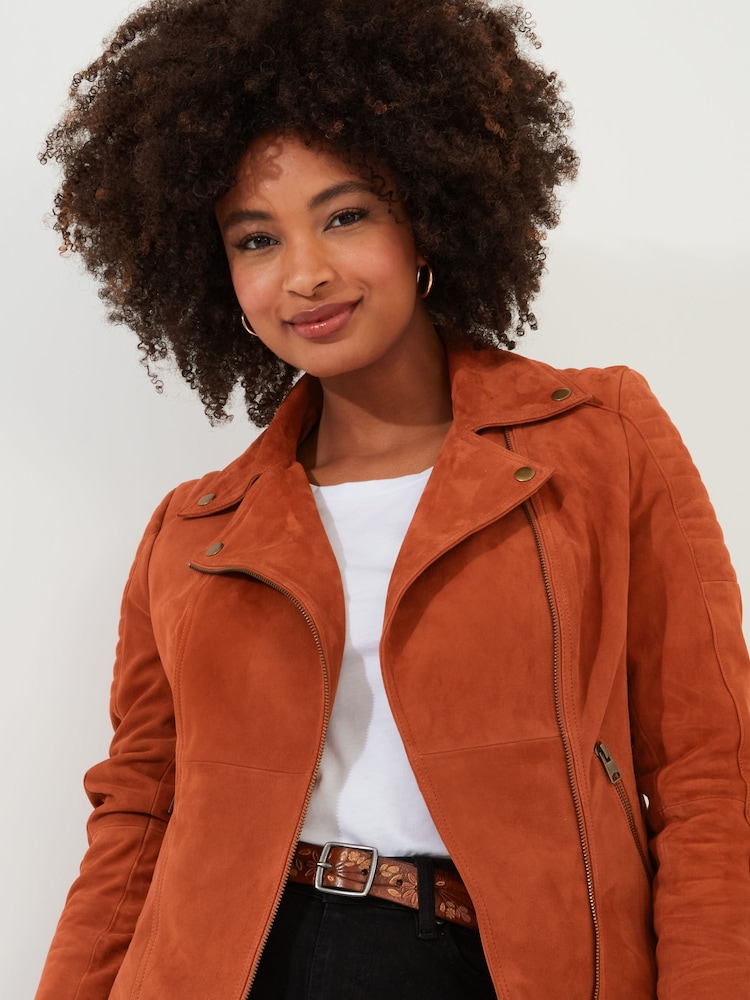 Joe Browns Orange Asymmetric Suede Leather Biker Jacket - Image 2 of 5