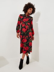 Joe Browns Red Rose Print Button-Through Belted Midi Shirt Dress - Image 1 of 5