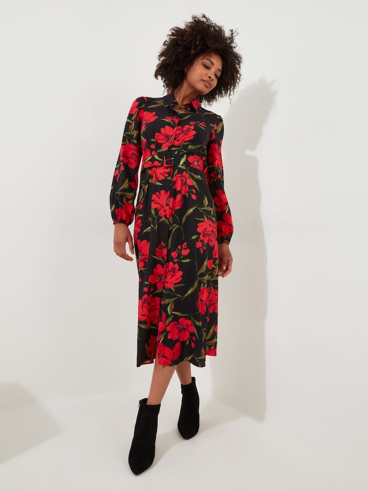 Joe Browns Red Rose Print Button-Through Belted Midi Shirt Dress - Image 1 of 5