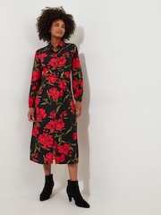 Joe Browns Red Rose Print Button-Through Belted Midi Shirt Dress - Image 4 of 5