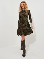 Joe Browns Green Flocked Floral Jersey Mini Skater Dress - Image 2 of 7
