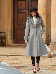 Joe Browns Grey Animal Print Faux Fur Trim Long Coat - Image 1 of 10