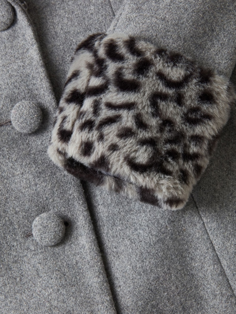 Joe Browns Grey Animal Print Faux Fur Trim Long Coat - Image 10 of 10