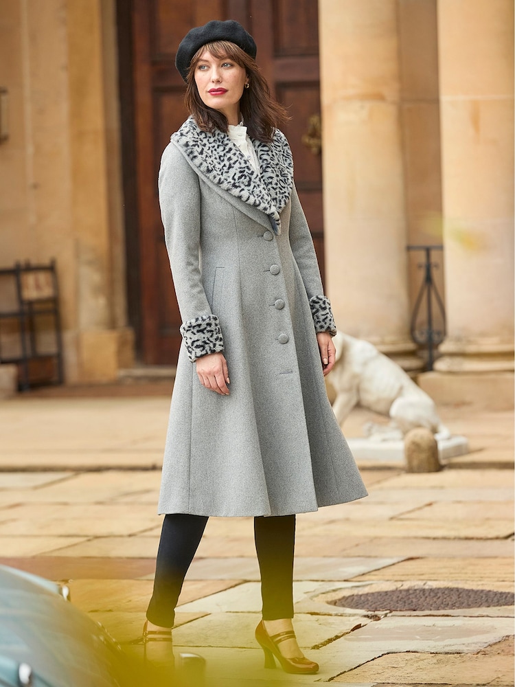 Joe Browns Grey Animal Print Faux Fur Trim Long Coat - Image 2 of 10