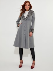 Joe Browns Grey Animal Print Faux Fur Trim Long Coat - Image 3 of 10