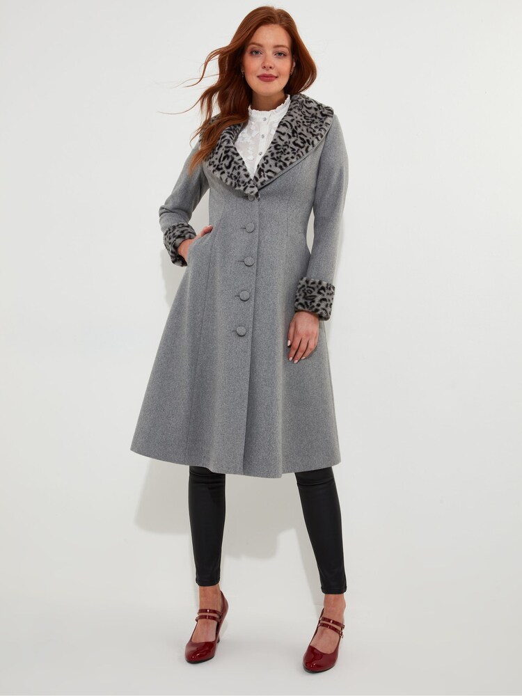 Joe Browns Grey Animal Print Faux Fur Trim Long Coat - Image 3 of 10