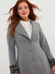 Joe Browns Grey Animal Print Faux Fur Trim Long Coat - Image 7 of 10