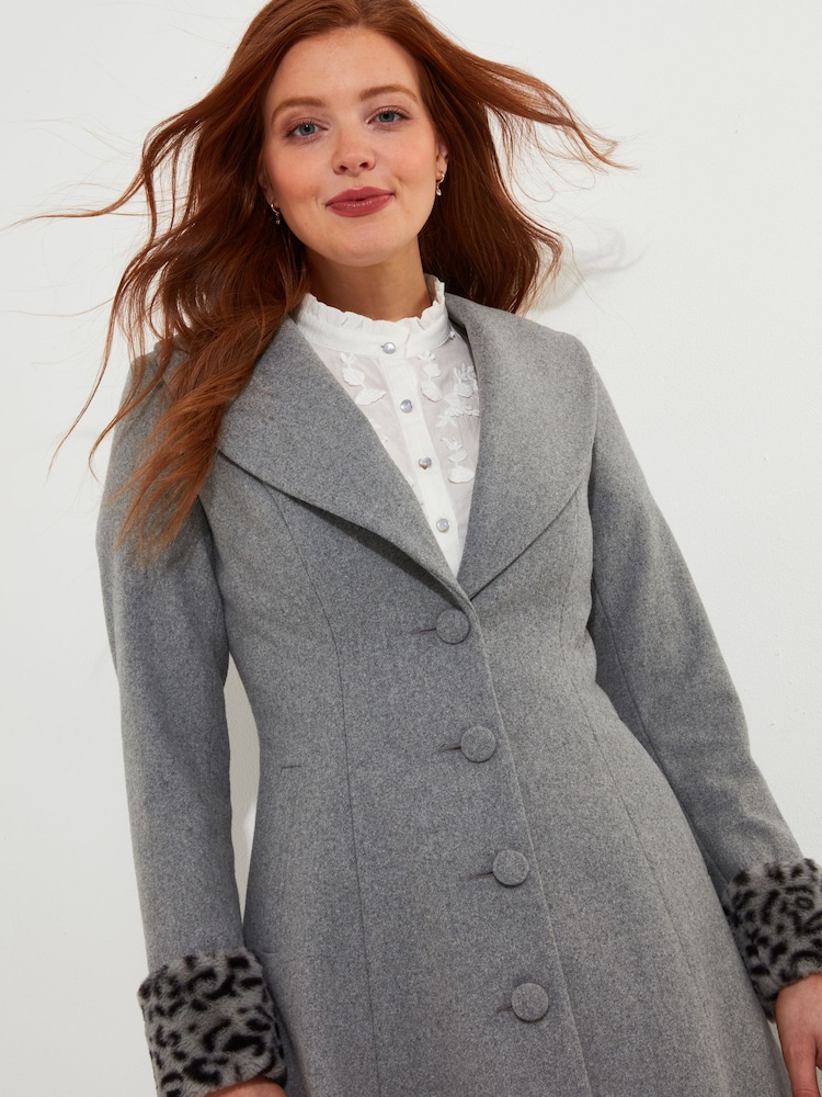 Joe Browns Grey Animal Print Faux Fur Trim Long Coat - Image 7 of 10