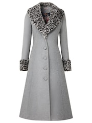 Joe Browns Grey Animal Print Faux Fur Trim Long Coat - Image 8 of 10