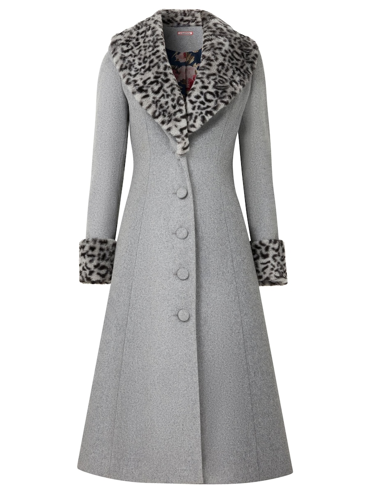 Joe Browns Grey Animal Print Faux Fur Trim Long Coat - Image 8 of 10