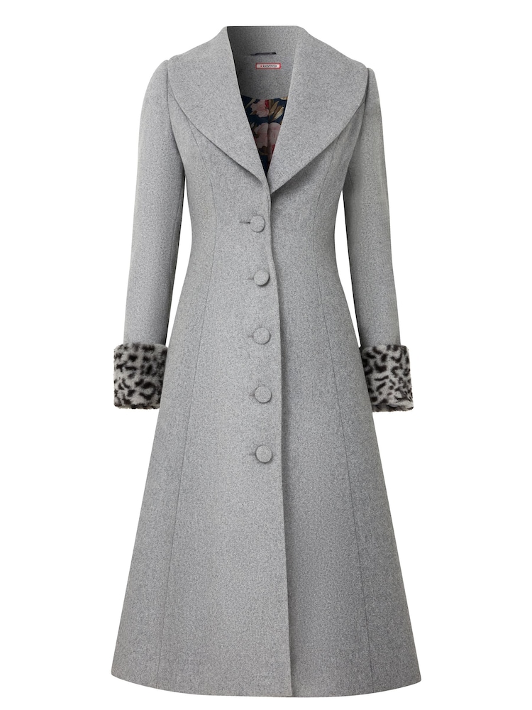 Joe Browns Grey Animal Print Faux Fur Trim Long Coat - Image 9 of 10