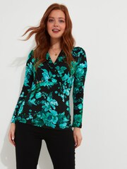 Joe Browns Black Icy Winter Floral Shawl Collar Wrap Front Jersey Top - Image 2 of 6
