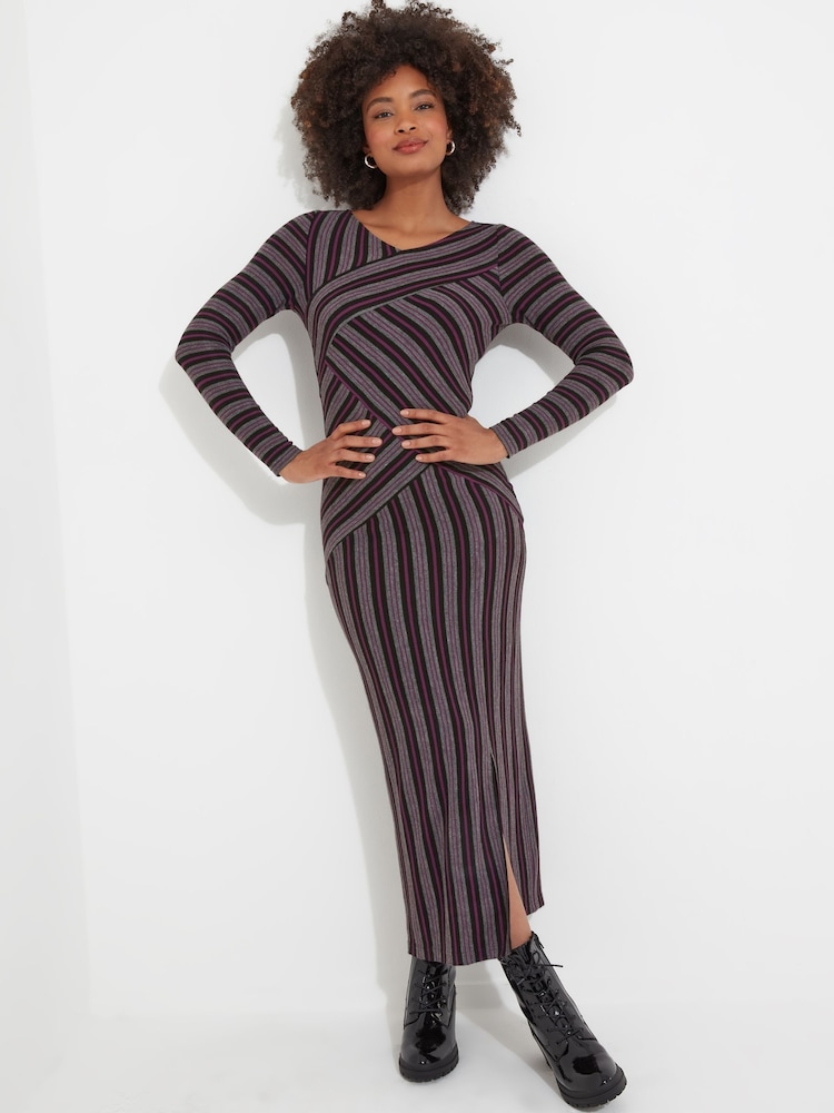 Joe Browns Grey Asymmetric Stripe V-Neck Midaxi Jersey Dress - Image 1 of 4