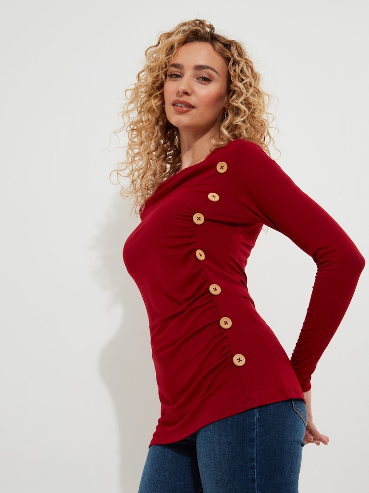 Joe Browns Red Cowl-Neck Button Detail Long Sleeve Jersey Top - Image 1 of 6 Joe Browns Red Cowl-Neck Button Detail Long Sleeve Jersey Top - Image 1 of 6