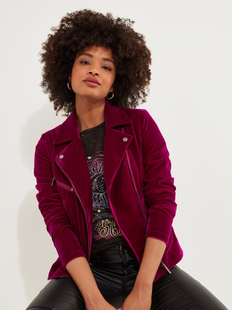 Joe Browns Pink Cropped Velour Biker Jacket - Image 1 of 6 Joe Browns Pink Cropped Velour Biker Jacket - Image 1 of 6