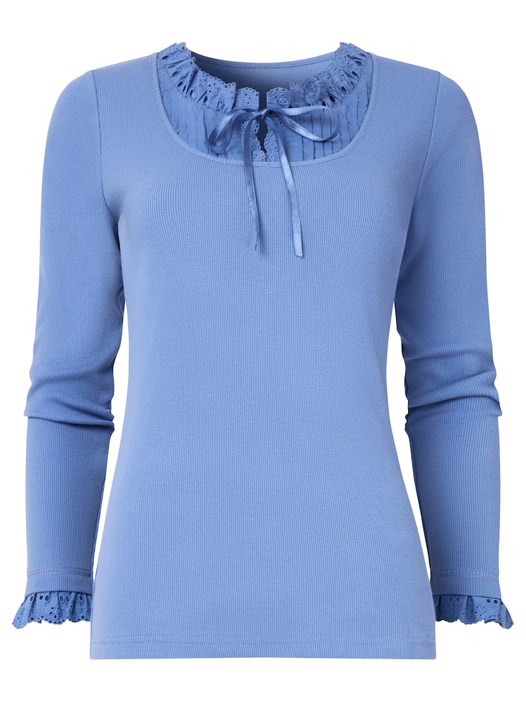Joe Browns Blue Lace Trim Ribbon Tie Long Sleeve Ribbed Jersey Top - Image 5 of 5