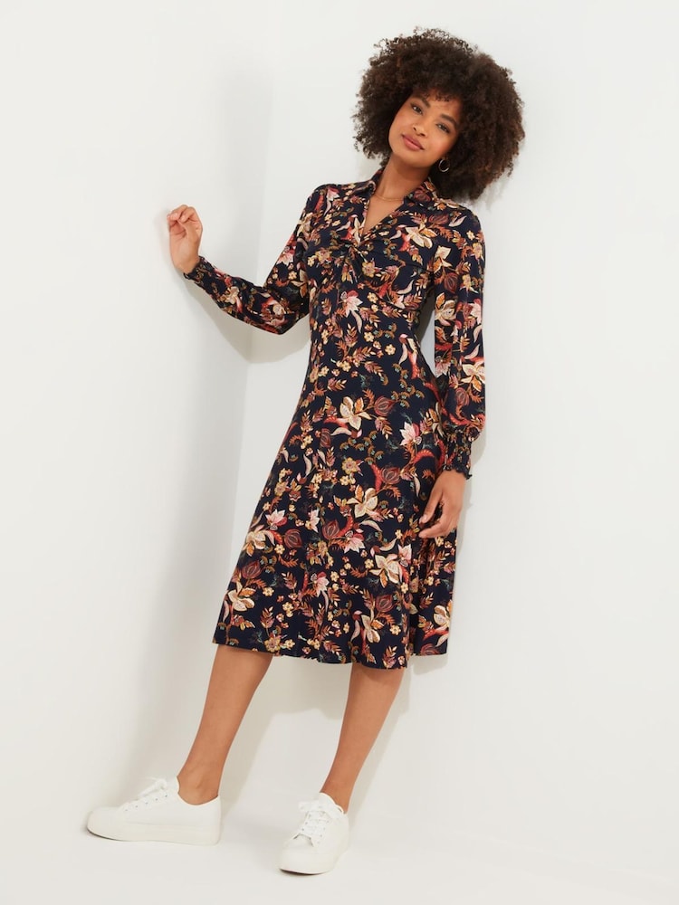 Joe Browns Blue Autumnal Floral Twist Front Frill Sleeve Jersey Midi Dress - Image 2 of 5