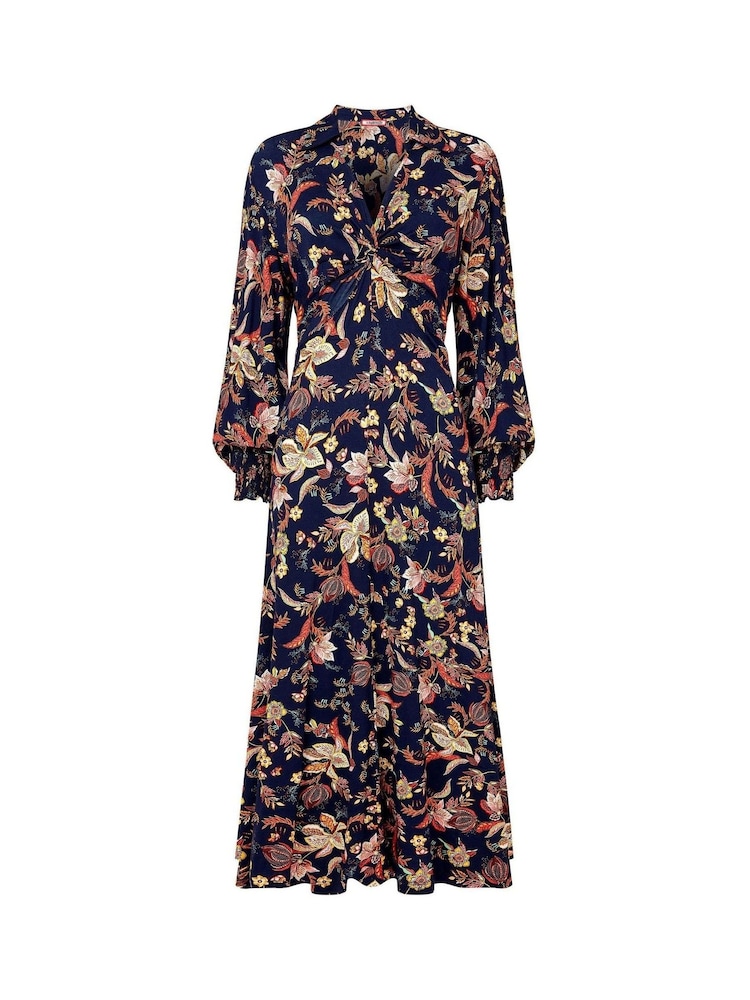 Joe Browns Blue Autumnal Floral Twist Front Frill Sleeve Jersey Midi Dress - Image 5 of 5