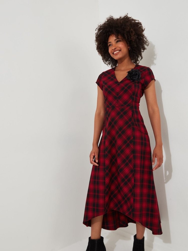 Joe Browns Red 100% Cotton Lace-Up Tartan Check High-Low Maxi Dress with Corsage - Image 3 of 8