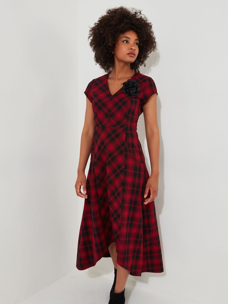 Joe Browns Red 100% Cotton Lace-Up Tartan Check High-Low Maxi Dress with Corsage - Image 4 of 8