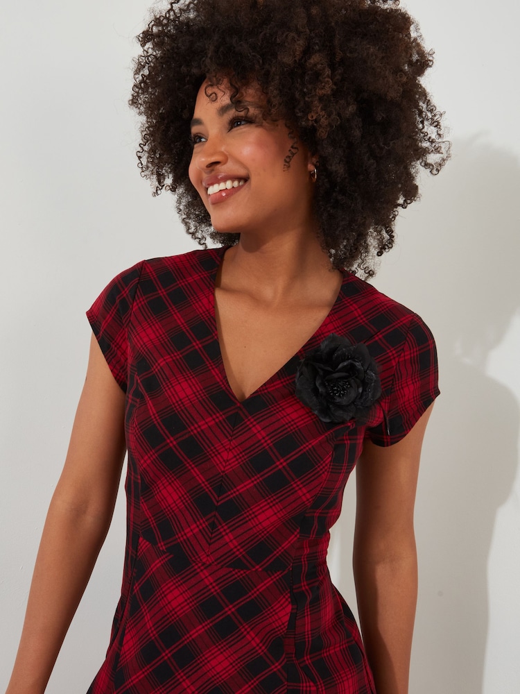 Joe Browns Red 100% Cotton Lace-Up Tartan Check High-Low Maxi Dress with Corsage - Image 5 of 8