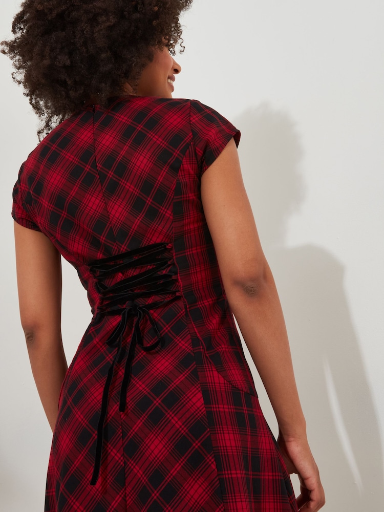 Joe Browns Red 100% Cotton Lace-Up Tartan Check High-Low Maxi Dress with Corsage - Image 6 of 8